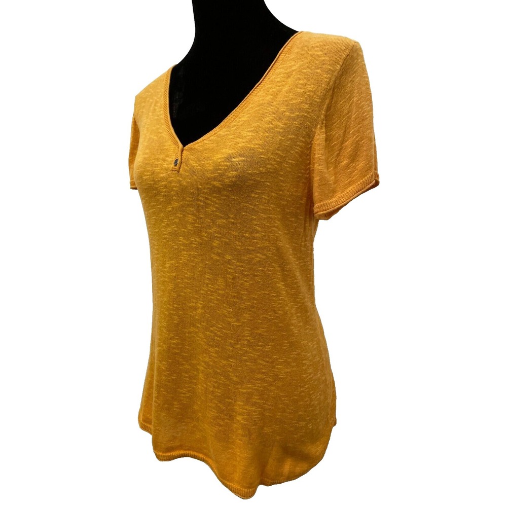 Eileen Fisher Womens Pullover Short Sleeve Henley Top Large Gold Linen Blend - Picture 5 of 12